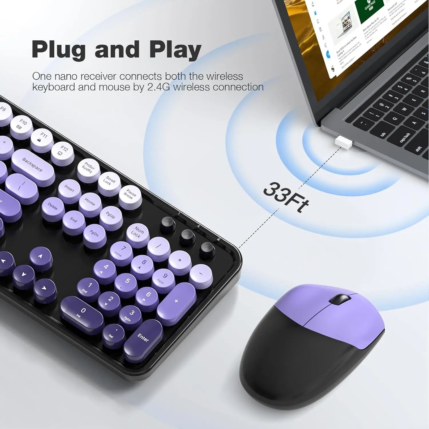 MOFII Wireless Keyboard and Mouse Combo, Full Size 2.4G Plug and Play Typewriter Retro round Computer Keyboard and Mouse Set for Windows, Computer, Desktop, PC, Notebook - (Black Purple Gradient)