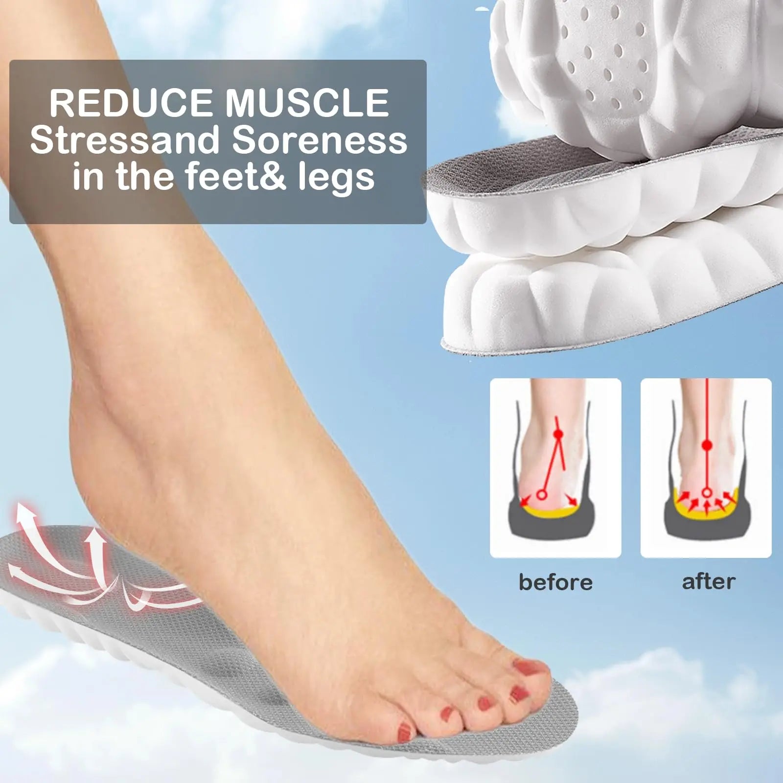 4D Cloud Insoles for Plantar Fasciitis & Arch Support | Memory Foam Shock Absorption Shoe Inserts for Foot Pain Relief | Anti-Fatigue Comfort for Men & Women (Gray 6.5-11)