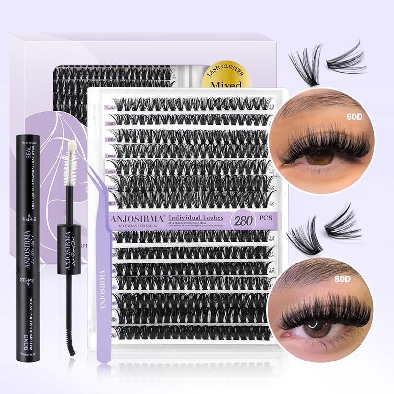 ANJOSIRMA Lash Extension Kit DIY 280Pcs Lash Clusters Eyelash Extension Kit, 9-16Mm 30D 40D Individual Lashes Kit with Lash Bond and Seal, Lash Tweezers
