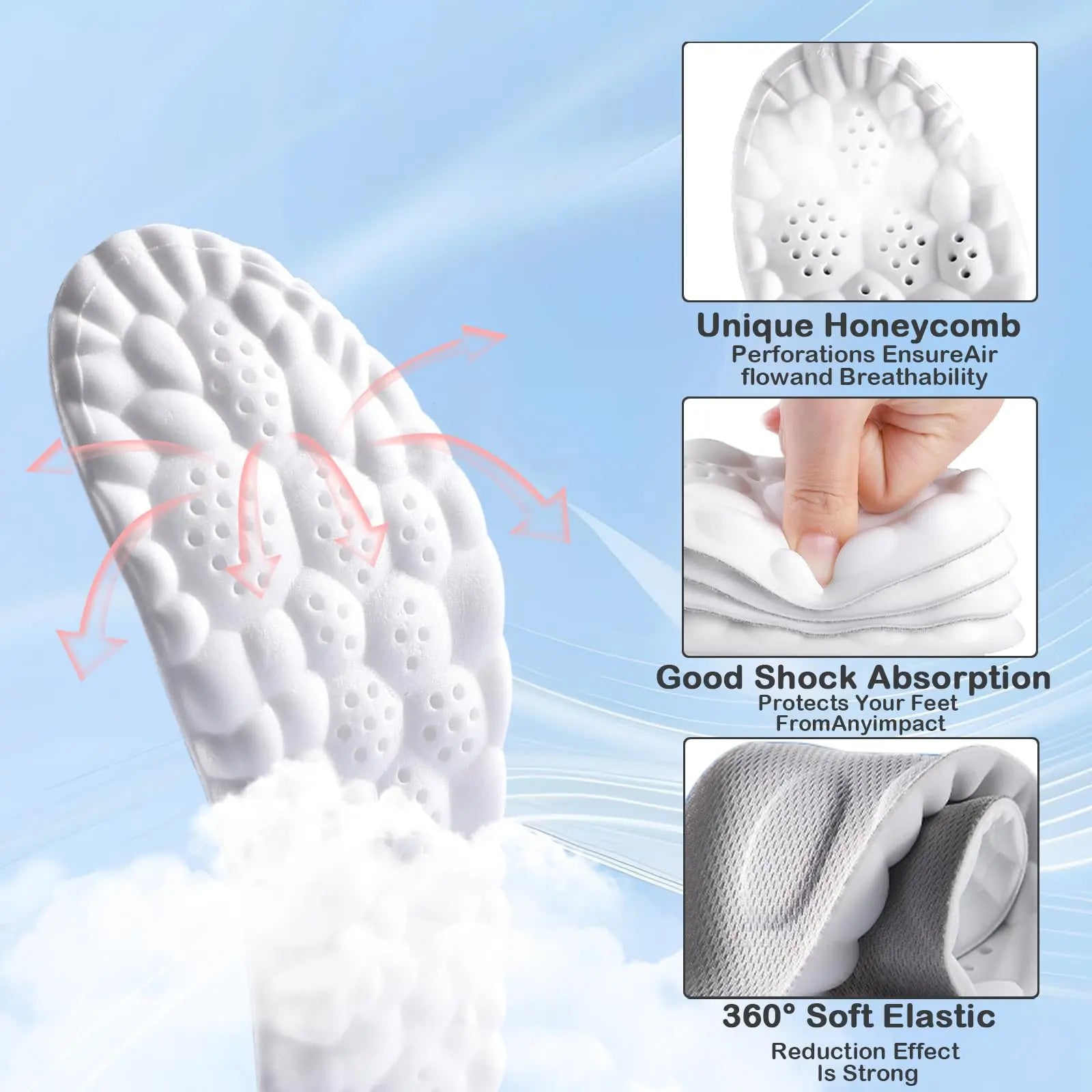 4D Cloud Insoles for Plantar Fasciitis & Arch Support | Memory Foam Shock Absorption Shoe Inserts for Foot Pain Relief | Anti-Fatigue Comfort for Men & Women (Gray 6.5-11)