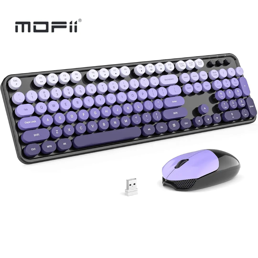 MOFII Wireless Keyboard and Mouse Combo, Full Size 2.4G Plug and Play Typewriter Retro round Computer Keyboard and Mouse Set for Windows, Computer, Desktop, PC, Notebook - (Black Purple Gradient)