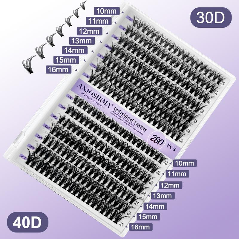 ANJOSIRMA Lash Extension Kit DIY 280Pcs Lash Clusters Eyelash Extension Kit, 9-16Mm 30D 40D Individual Lashes Kit with Lash Bond and Seal, Lash Tweezers