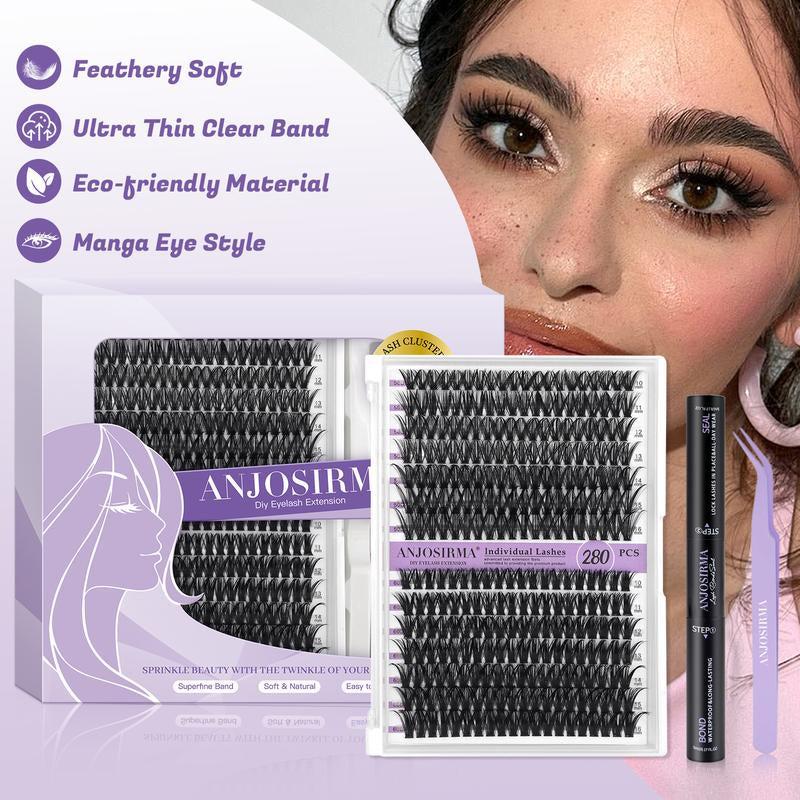 ANJOSIRMA Lash Extension Kit DIY 280Pcs Lash Clusters Eyelash Extension Kit, 9-16Mm 30D 40D Individual Lashes Kit with Lash Bond and Seal, Lash Tweezers