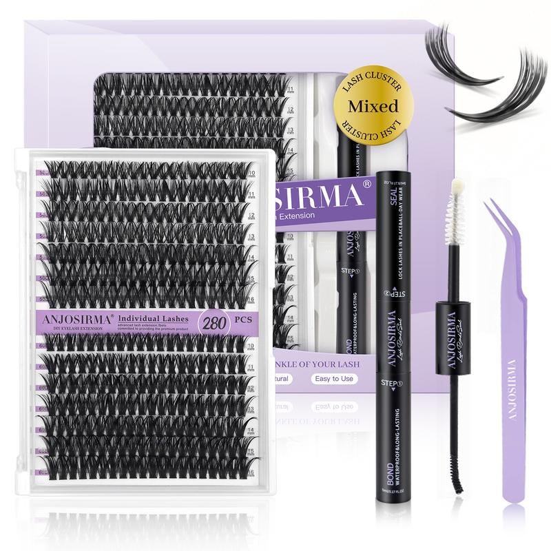 ANJOSIRMA Lash Extension Kit DIY 280Pcs Lash Clusters Eyelash Extension Kit, 9-16Mm 30D 40D Individual Lashes Kit with Lash Bond and Seal, Lash Tweezers